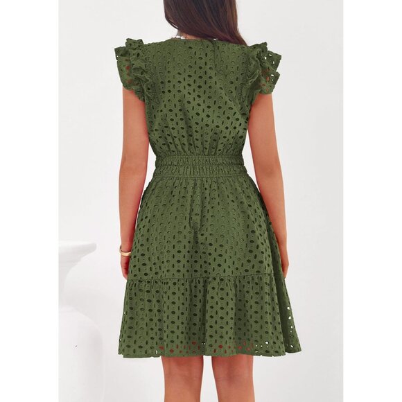 Women's Army Green V Neck Eyelet Cap Sleeve Summer Beach Vacation Sundresses - Picture 4 of 8